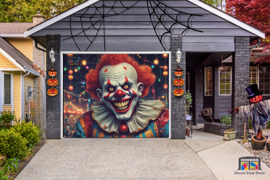 Pancarta decorativa para puerta de garaje con payasos terroríficos de carnaval - Decora tu puerta