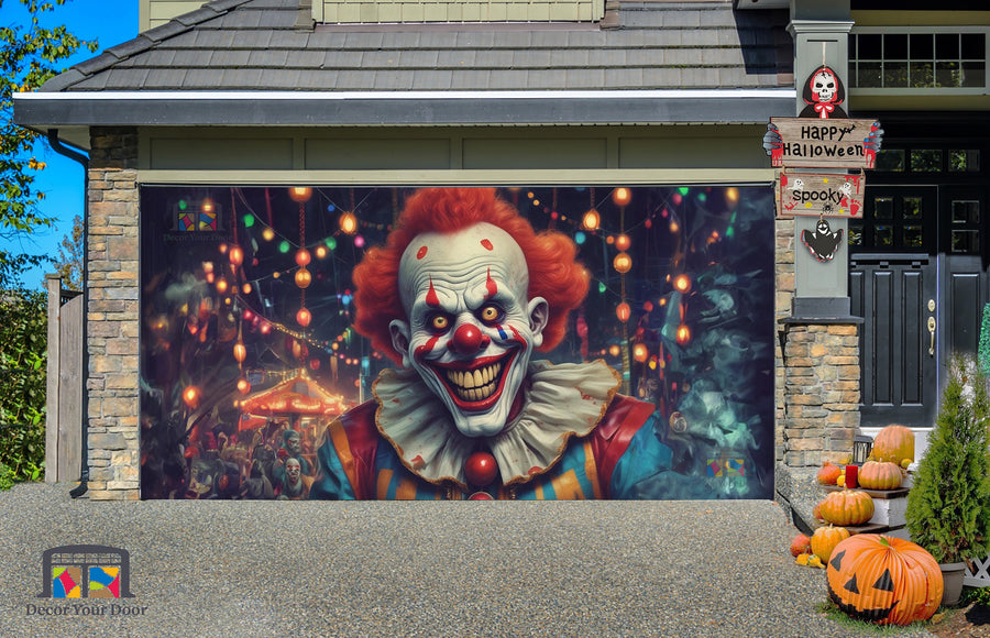 Pancarta decorativa para puerta de garaje con payasos terroríficos de carnaval - Decora tu puerta