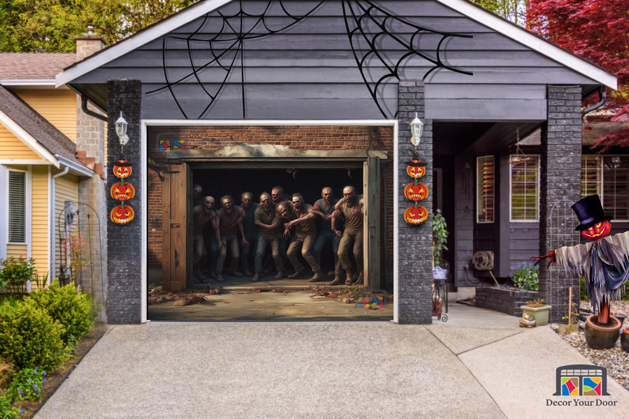 Vinilo decorativo para puerta de garaje con zombis aterradores acercándose.
