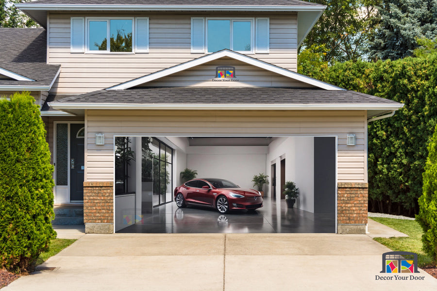 Tesla Model S estacionado en el garaje - Lona publicitaria para puerta de garaje