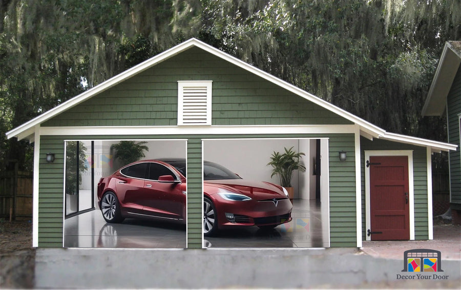Tesla Model S estacionado en el garaje - Lona publicitaria para puerta de garaje