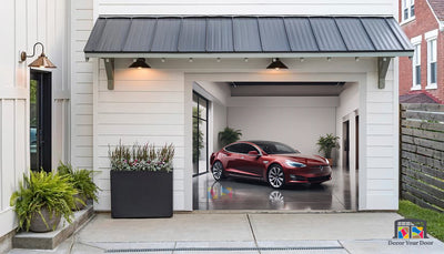 Tesla Model S Parked in the Garage - Garage Door Cover Banner Wrap