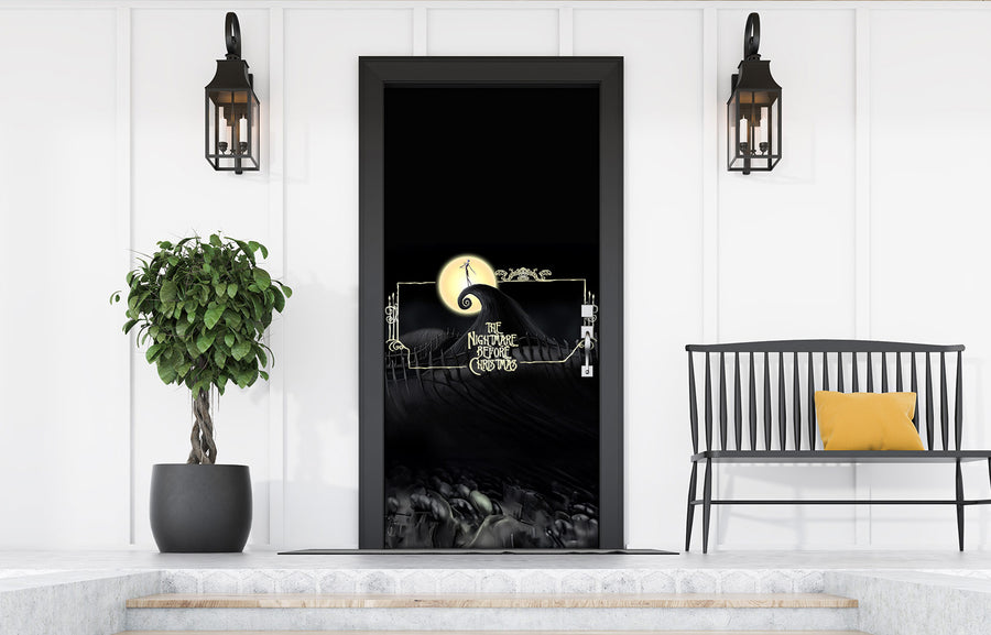 Vinilo decorativo para puerta de entrada con diseño de luna llena negra de Pesadilla antes de Navidad