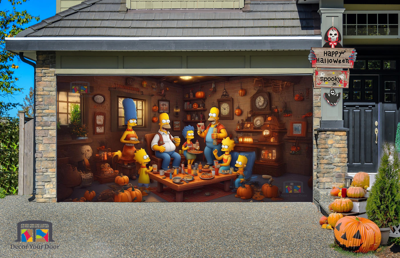 The Simpsons Halloween Feast Family Dinner in Spooktacular Style Garage Door Cover Banner Wrap - Decor Your Door