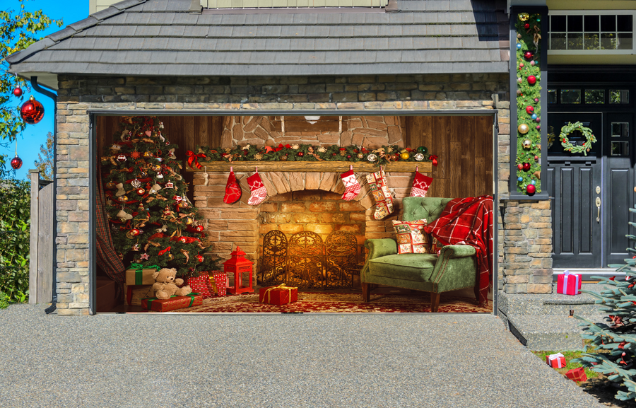 Traditional Christmas Room, Fireplace, Armchair and Christmas Tree Garage Door Cover Wrap Backdrop Decoration