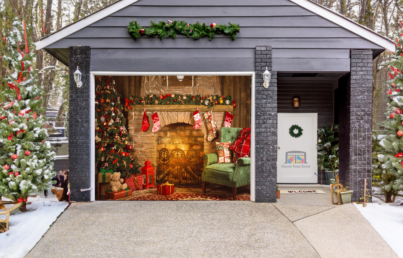 Traditional Christmas Room, Fireplace, Armchair and Christmas Tree Garage Door Cover Wrap Backdrop Decoration
