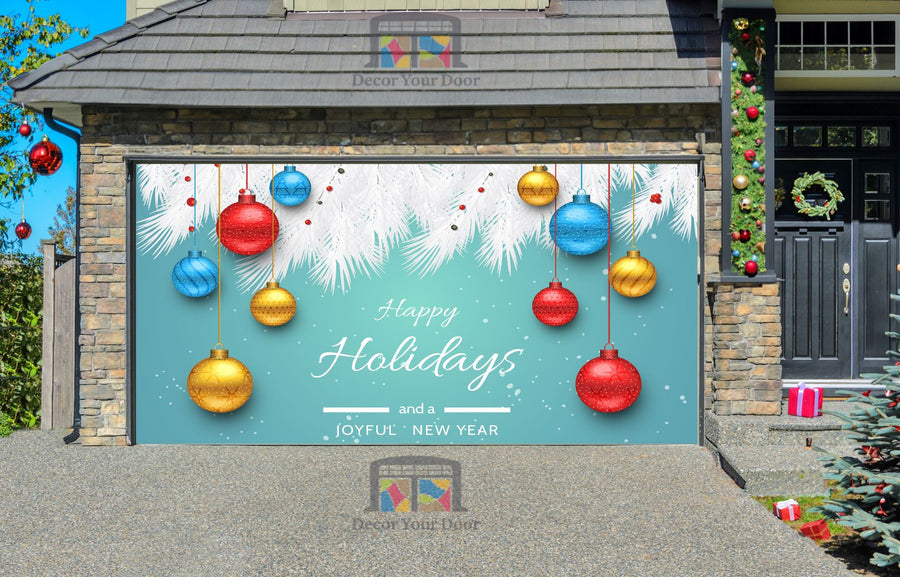 Turquoise Happy Holidays and Joyful New Year Garage Door Cover Banner Wrap