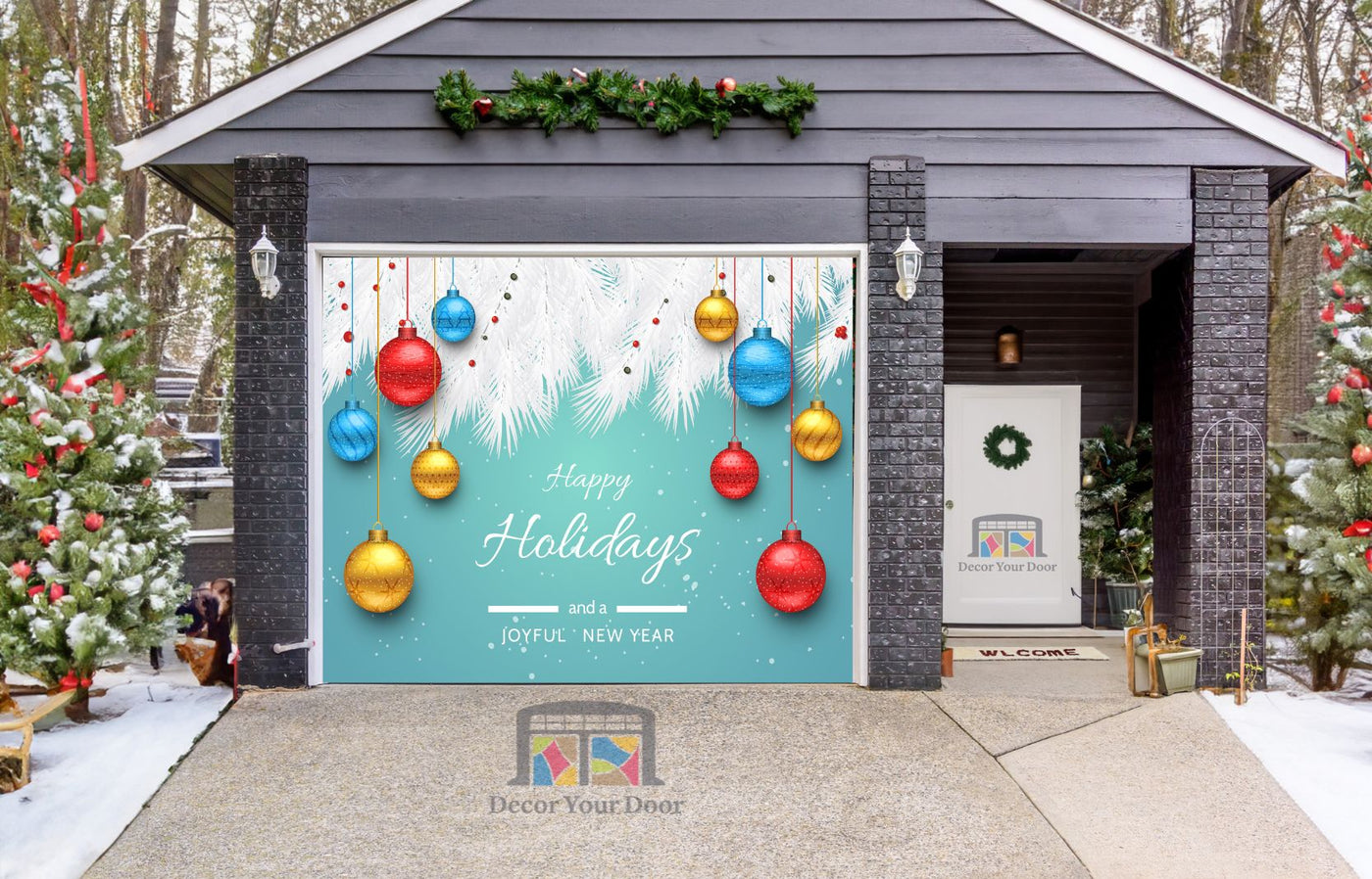 Turquoise Happy Holidays and Joyful New Year Garage Door Cover Banner Wrap