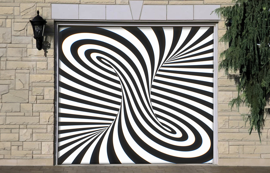Vinilo para puerta de garaje con rayas psicodélicas blancas y negras que crean una ilusión óptica hipnótica.