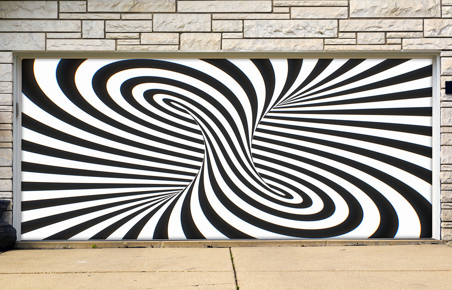 Vinilo para puerta de garaje con rayas psicodélicas blancas y negras que crean una ilusión óptica hipnótica.