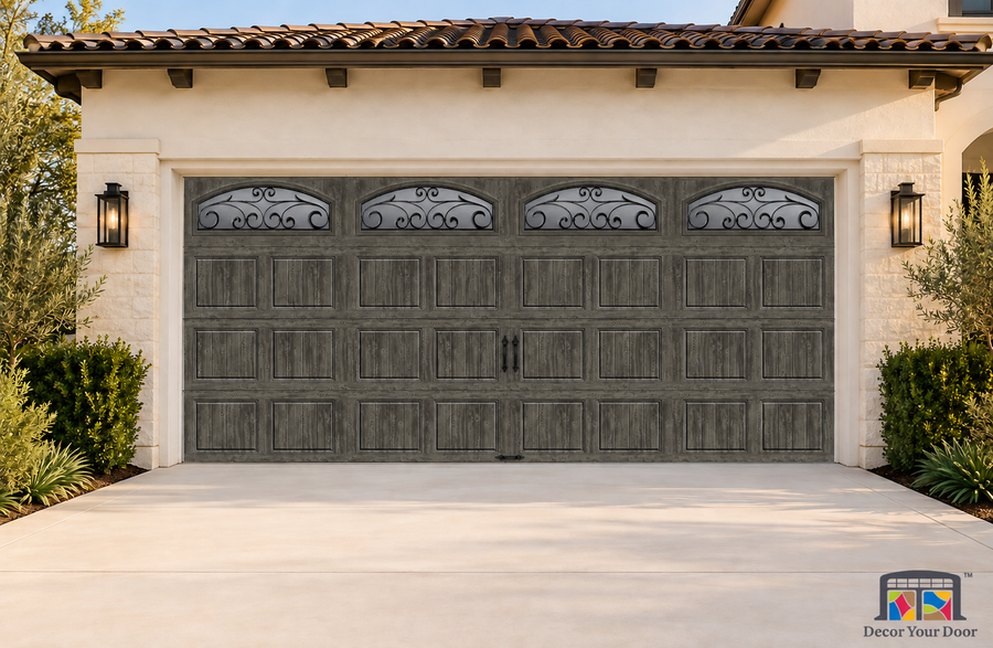 Ultra Grain Slate with Wrought Iron Window printed garage door cover — Two Car Front