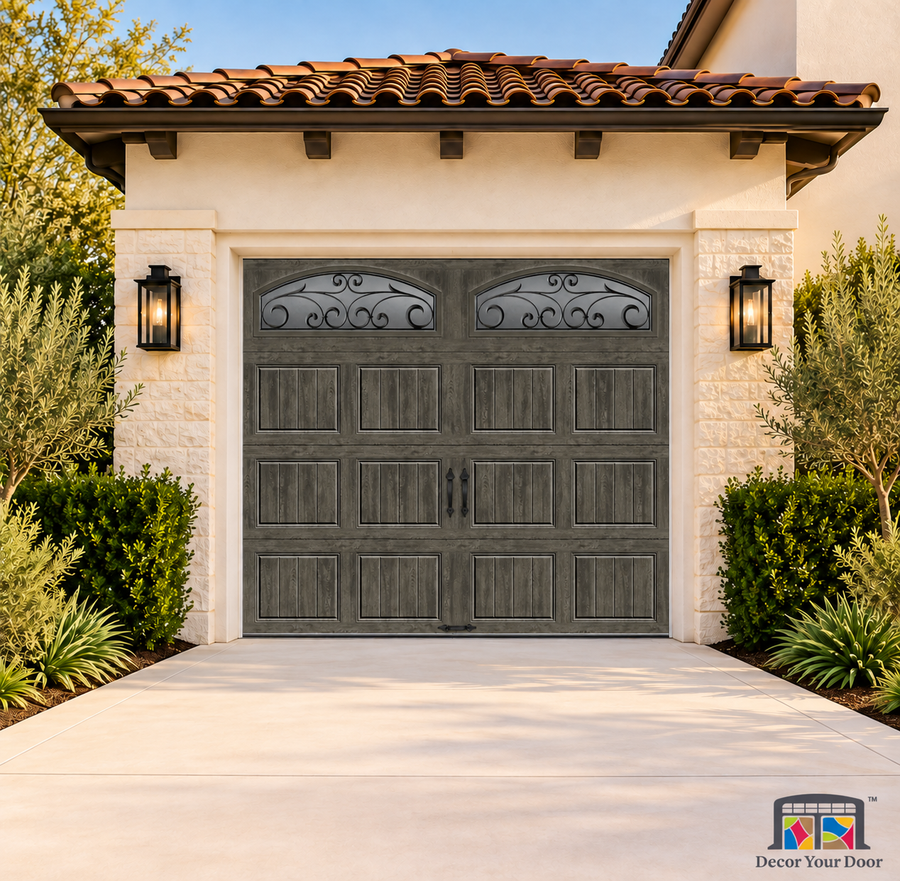 Ultra Grain Slate with Wrought Iron Window printed garage door cover — One Car Front