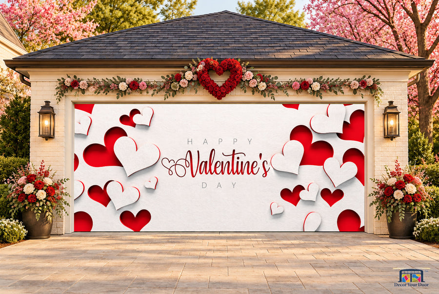 Paper Hearts Ivory Valentine's Day garage door cover — two-car front view on a Valentine-decorated house