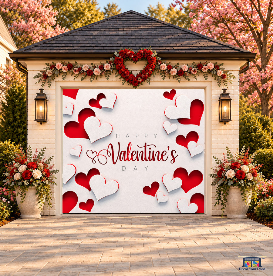 Paper Hearts Ivory Valentine's Day garage door cover — one-car front view on a Valentine-decorated house