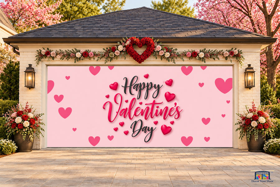 Sweet Pink Hearts Valentine's Day garage door cover — two-car front view on a Valentine-decorated house
