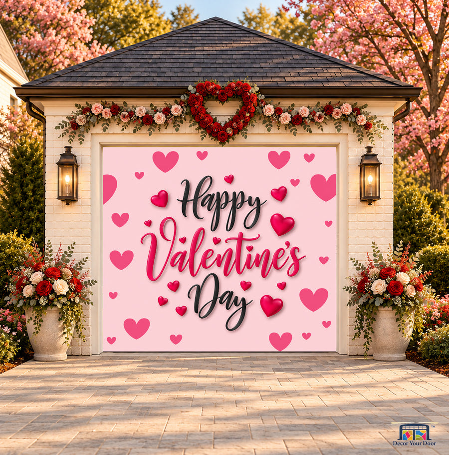 Sweet Pink Hearts Valentine's Day garage door cover — one-car front view on a Valentine-decorated house