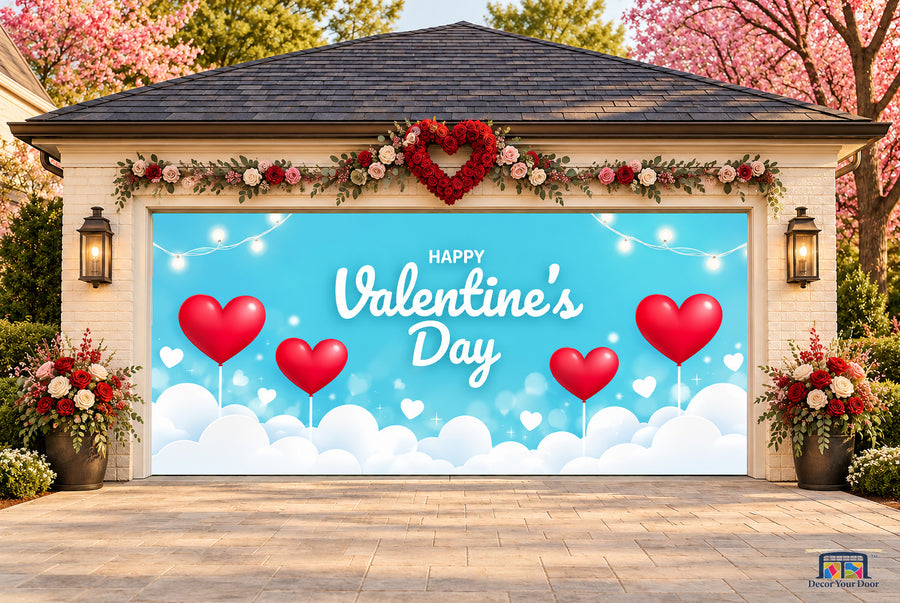Cloud Heart Balloons Valentine's Day garage door cover — two-car front view on a Valentine-decorated house