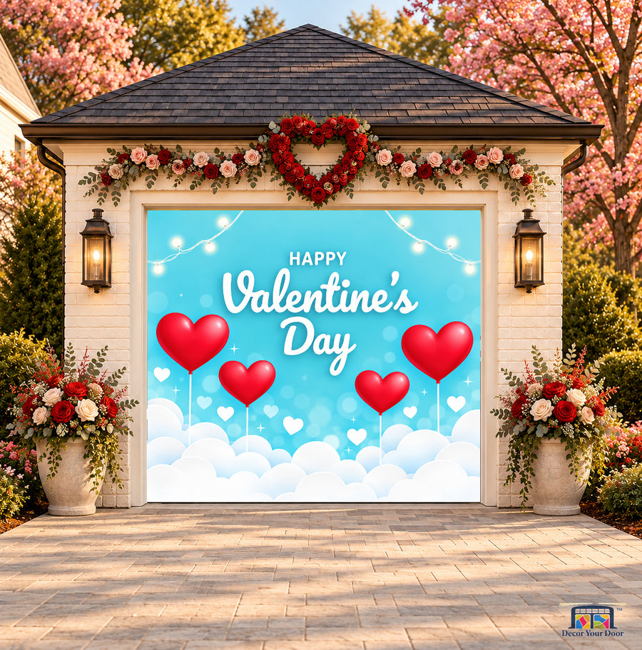 Cloud Heart Balloons Valentine's Day garage door cover — one-car front view on a Valentine-decorated house