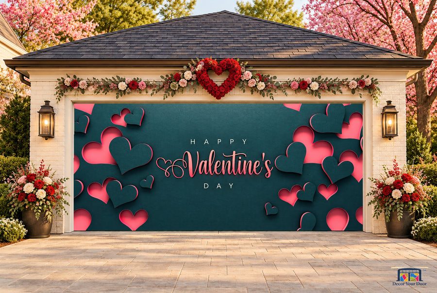 Midnight Paper Hearts Valentine's Day garage door cover — two-car front view on a Valentine-decorated house