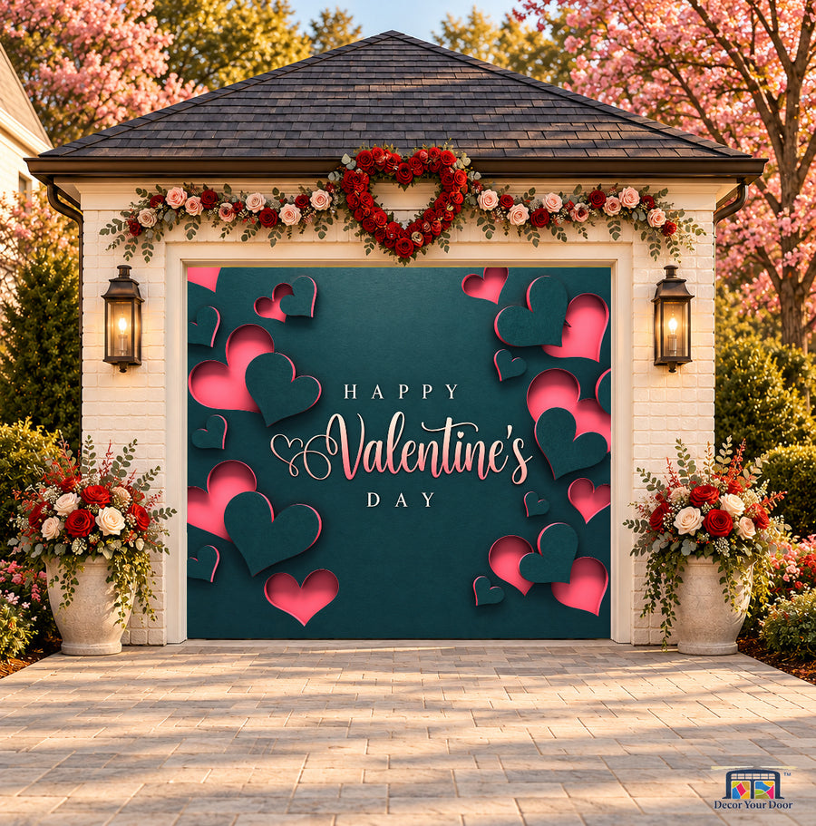 Midnight Paper Hearts Valentine's Day garage door cover — one-car front view on a Valentine-decorated house