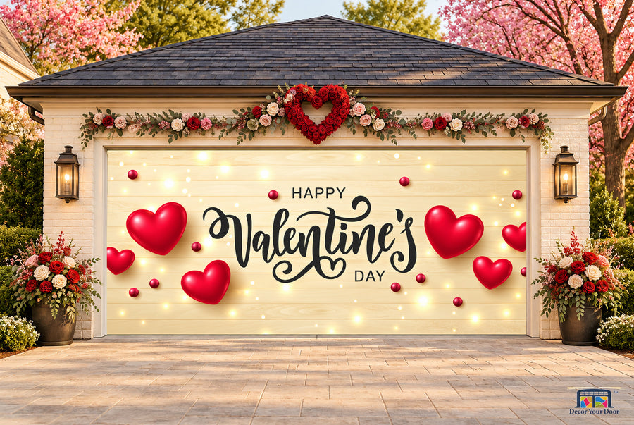 Golden Love Notes Valentine's Day garage door cover — two-car front view on a Valentine-decorated house