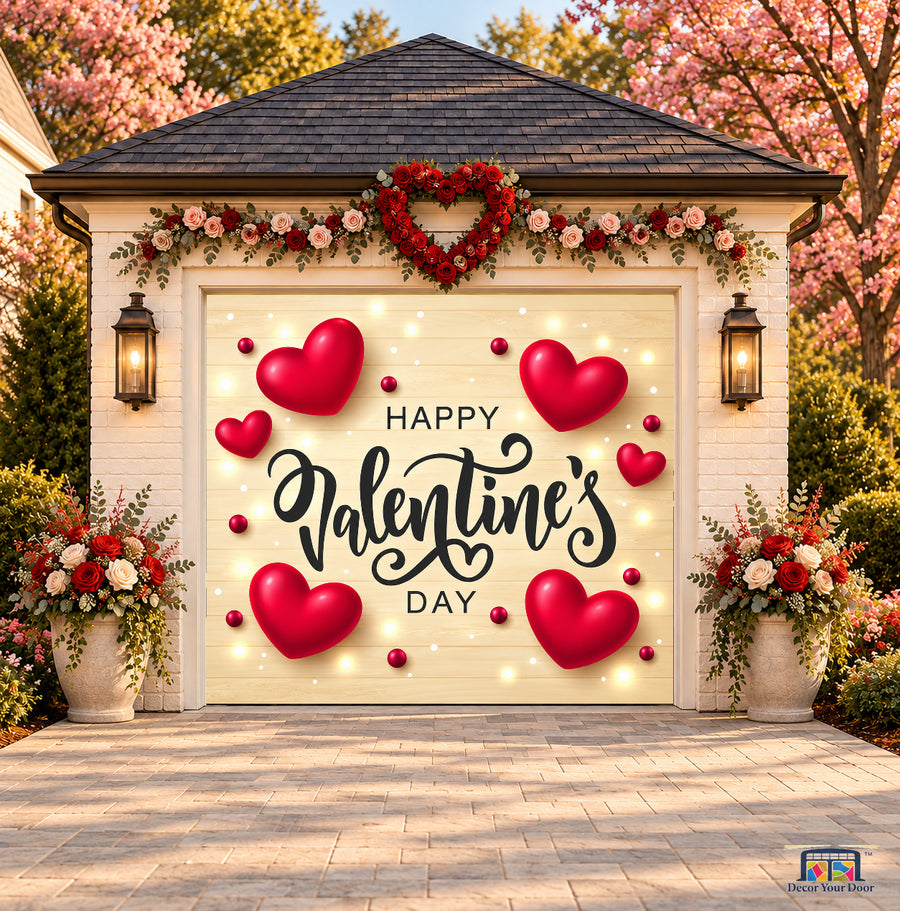 Golden Love Notes Valentine's Day garage door cover — one-car front view on a Valentine-decorated house