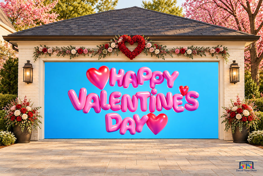 Bubblegum Balloon Letters Valentine's Day garage door cover — two-car front view on a Valentine-decorated house