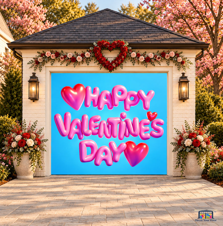 Bubblegum Balloon Letters Valentine's Day garage door cover — one-car front view on a Valentine-decorated house