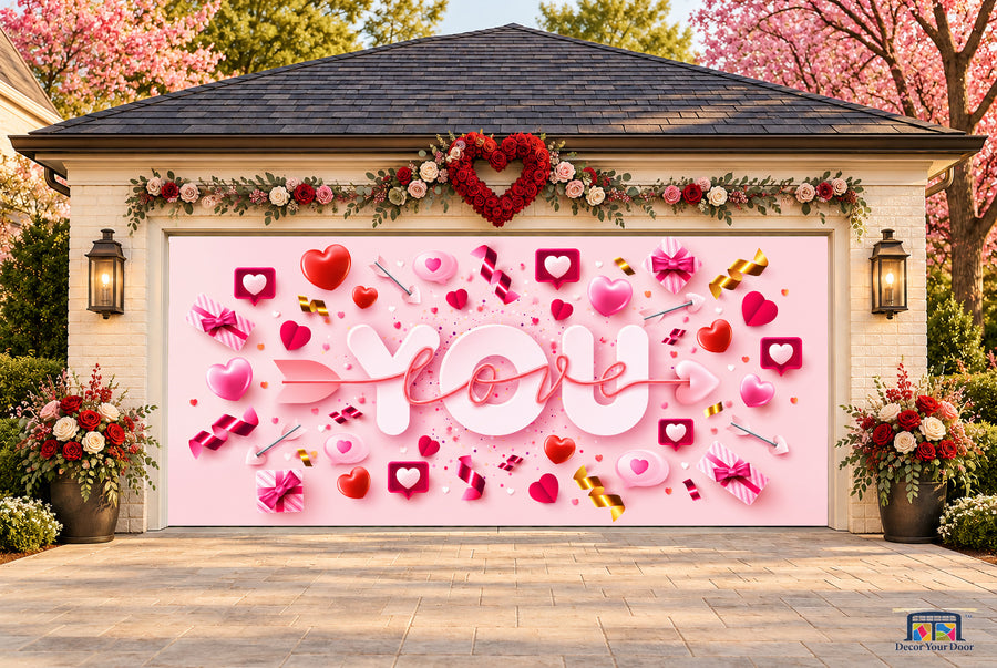 Love Confetti Valentine's Day garage door cover — two-car front view on a Valentine-decorated house