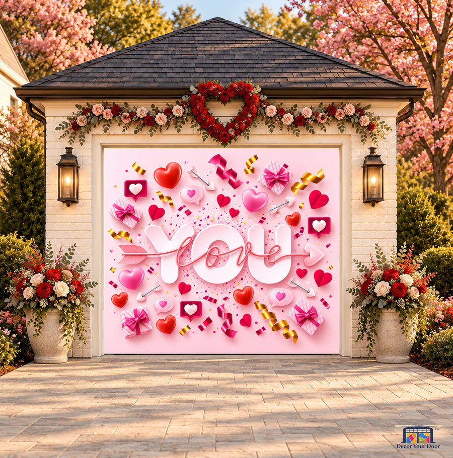 Love Confetti Valentine's Day garage door cover — one-car front view on a Valentine-decorated house