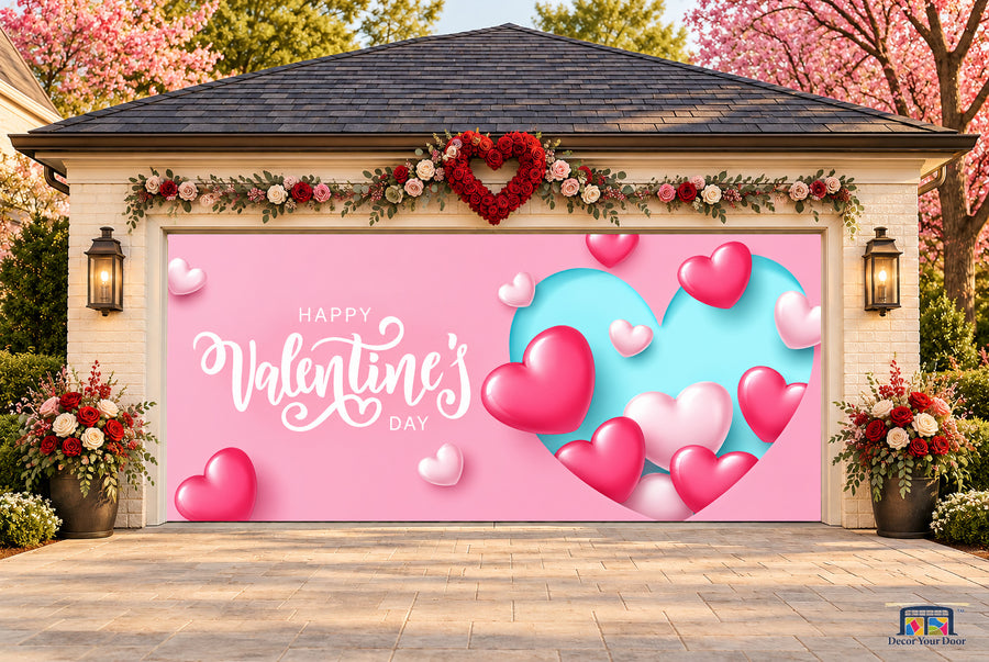 Pink and Aqua Heart Valentine's Day garage door cover — two-car front view on a Valentine-decorated house