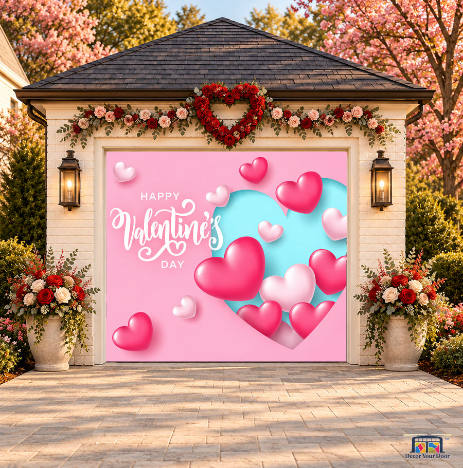 Pink and Aqua Heart Valentine's Day garage door cover — one-car front view on a Valentine-decorated house