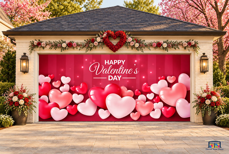 Scarlet Heart Celebration Valentine's Day garage door cover — two-car front view on a Valentine-decorated house