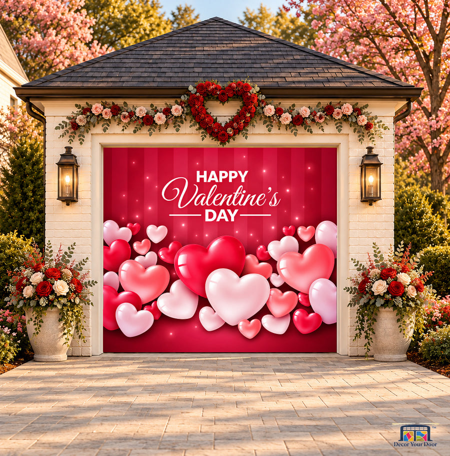 Scarlet Heart Celebration Valentine's Day garage door cover — one-car front view on a Valentine-decorated house