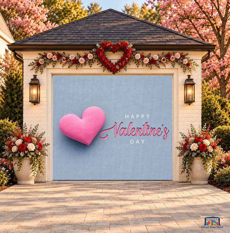 Soft Pink Heart Valentine's Day garage door cover — one-car front view on a Valentine-decorated house