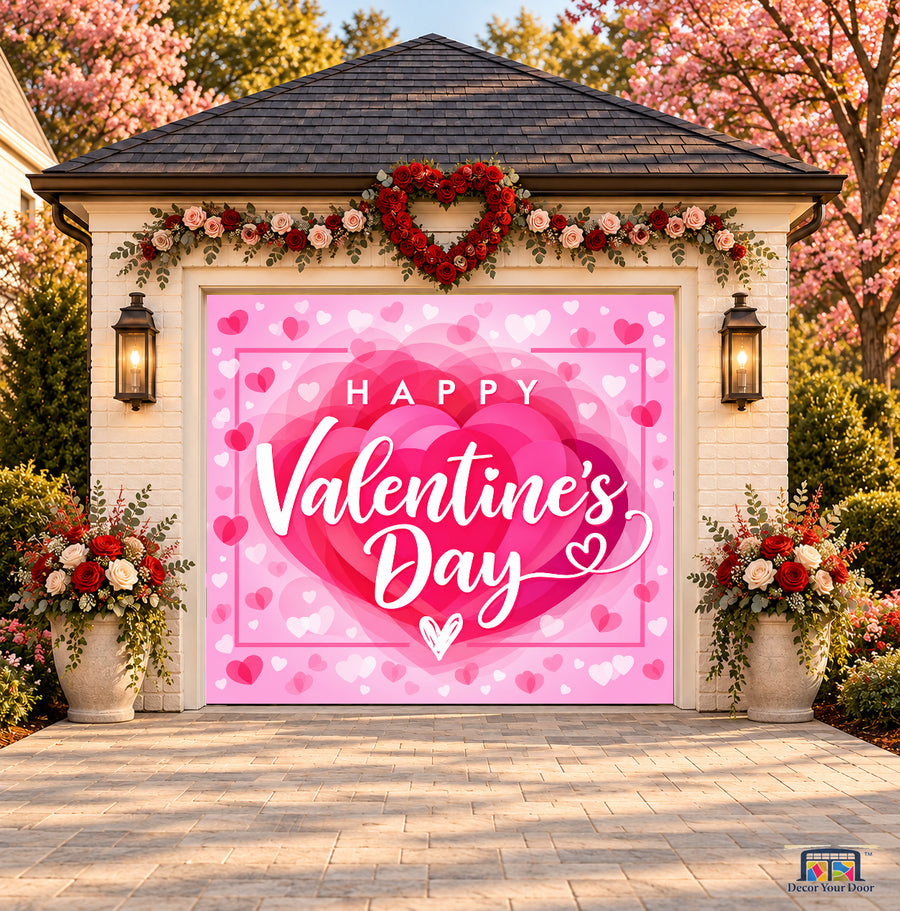 Layered Pink Love Valentine's Day garage door cover — one-car front view on a Valentine-decorated house