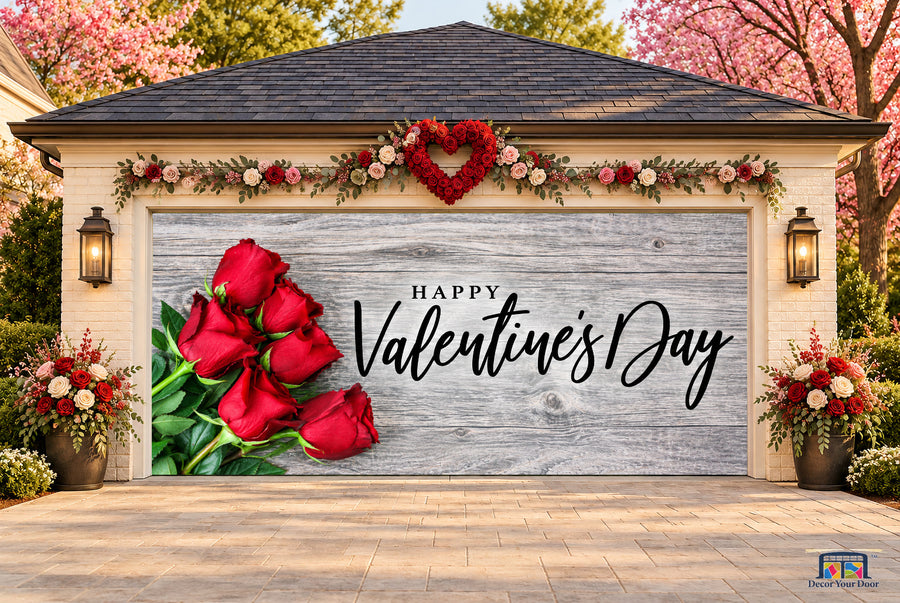 Rustic Roses Valentine's Day garage door cover — two-car front view on a Valentine-decorated house