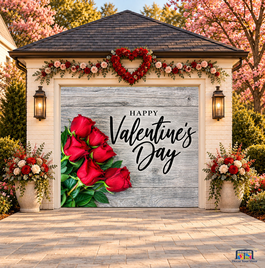 Rustic Roses Valentine's Day garage door cover — one-car front view on a Valentine-decorated house