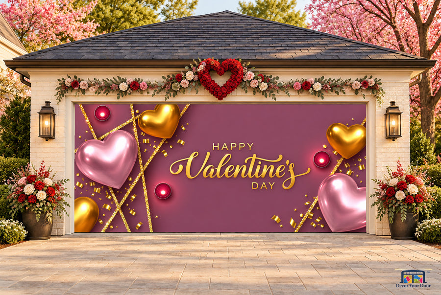 Mauve Gold Romance Valentine's Day garage door cover — two-car front view on a Valentine-decorated house