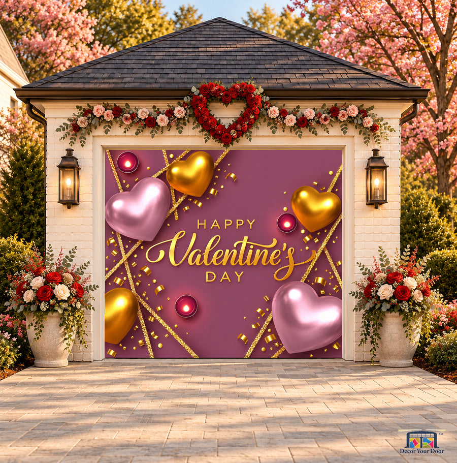 Mauve Gold Romance Valentine's Day garage door cover — one-car front view on a Valentine-decorated house