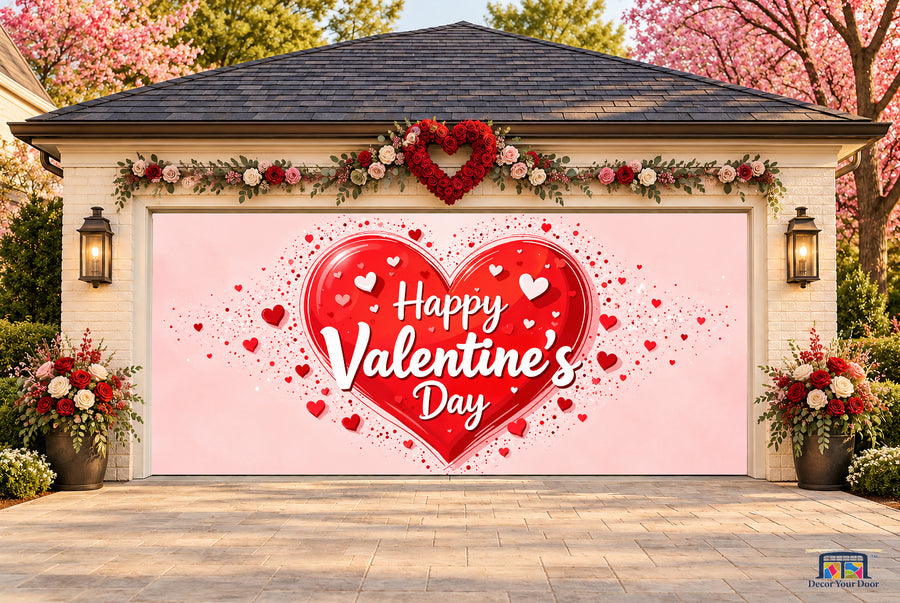 Scarlet Heart Emblem Valentine's Day garage door cover — two-car front view on a Valentine-decorated house