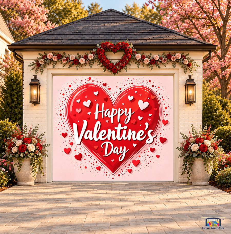 Scarlet Heart Emblem Valentine's Day garage door cover — one-car front view on a Valentine-decorated house