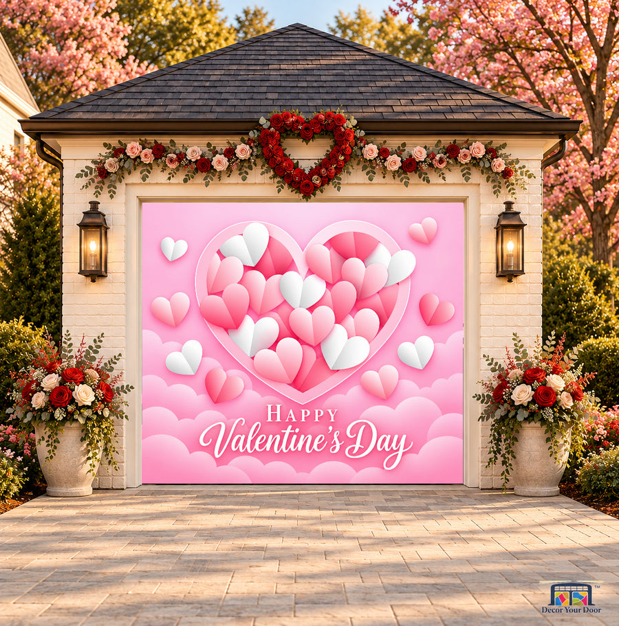 Pastel Heart Cascade Valentine's Day garage door cover — one-car front view on a Valentine-decorated house