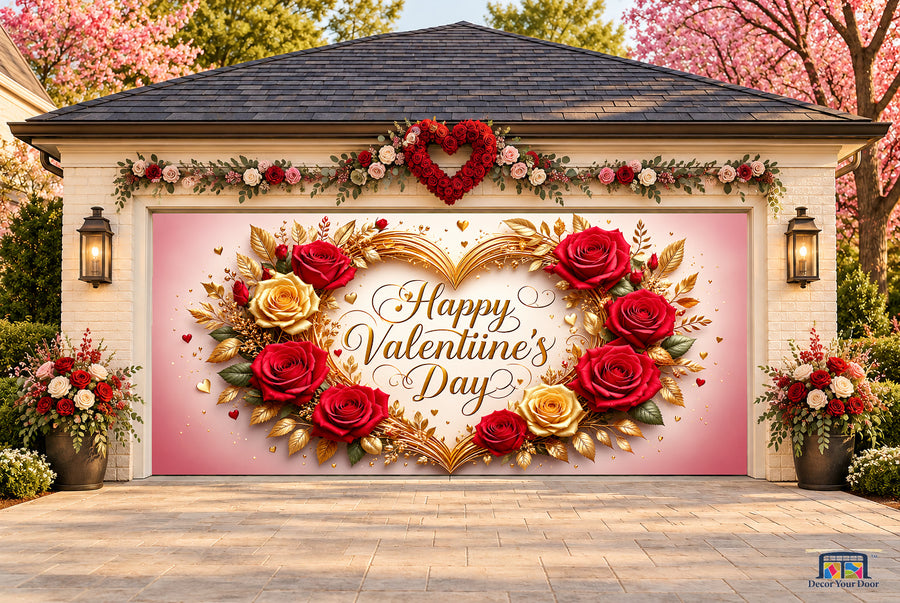 Gilded Rose Heart Valentine's Day garage door cover — two-car front view on a Valentine-decorated house