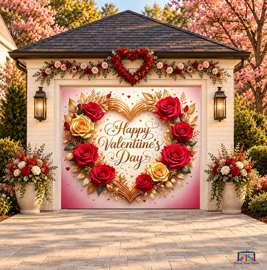 Gilded Rose Heart Valentine's Day garage door cover — one-car front view on a Valentine-decorated house