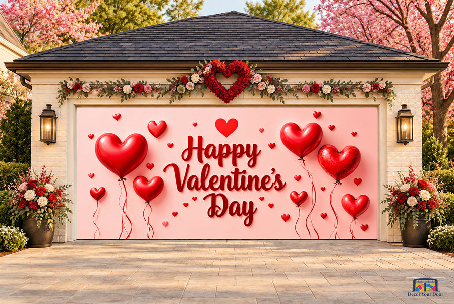 Blushing Heart Balloons Valentine's Day garage door cover — two-car front view on a Valentine-decorated house