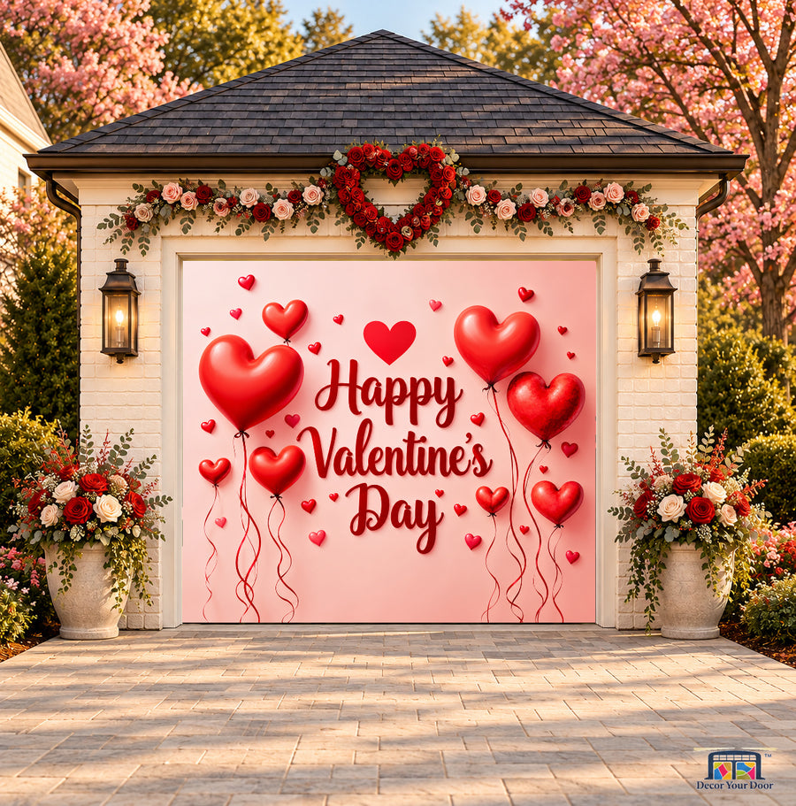 Blushing Heart Balloons Valentine's Day garage door cover — one-car front view on a Valentine-decorated house