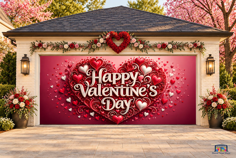 Crimson Filigree Heart Valentine's Day garage door cover — two-car front view on a Valentine-decorated house