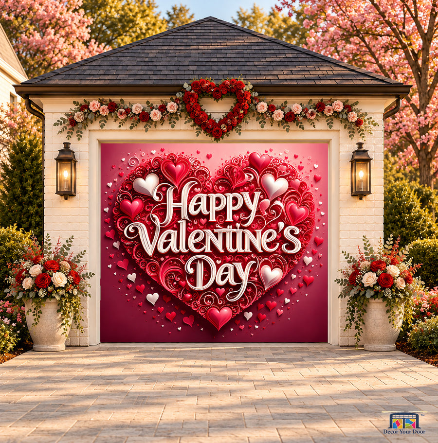 Crimson Filigree Heart Valentine's Day garage door cover — one-car front view on a Valentine-decorated house