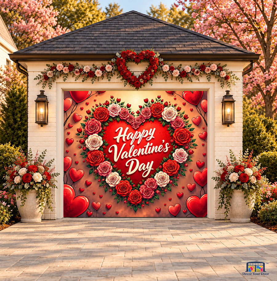 Rose Garden Heart Valentine's Day garage door cover — one-car front view on a Valentine-decorated house